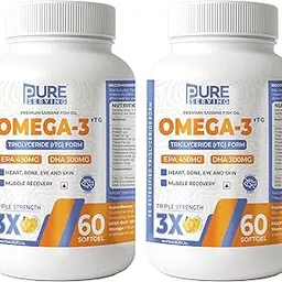 PURE SERVING PREMIUM Triple 3X Strength 450mg EPA & 300mg DHA Re-esterified Triglyceride (rTG) Form Fish Oil Omega 3 Capsule- Lemon Flavor, Burpless, High Absorption, Gym Supplement Capsules - 120 Soft Gels image 1