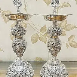German Silver Hand Engraved Heavy Peacock Samai Pair / Diya Stand Pair for Decoration & Gifts - Pack of 2 (Size - 15 x 6 Inch)-image-60