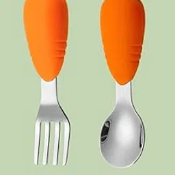 HOMIES Drop Resistant Kids Tableware Set - One-Piece Moulding Stainless Steel Spoon and Fork Set- Perfect for Learning to Eat (Carrot)-picture-36