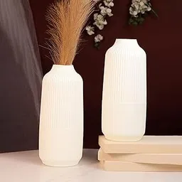 Art Street Beautiful Flower Vases for Home PVC Pot for Plants Pack of 2 Elegant Ribbed Texture White Vase Pots for Living Room Flower Vases for Home Décor Made of Durable Plastic PVC Height - 25 cm-image-1