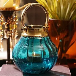 Pure Home + Living Teal Hammered Glass Lantern Tea Light Holder-picture-39