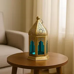 Market99 Metal+Glass Moroccan Lantern with Plain Glass | for Diwali, Christmas, Birthday, and Wedding | Decorative Candle Holder for Home Decor & Festive Season | Golden & Blue-image-36