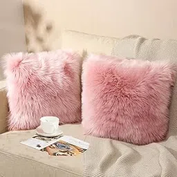 PICKKART Fur Cushion 200 TC Pillow Cover For Set Of 2 Pillow - 13X13 Inches (Baby Pink)-picture-48