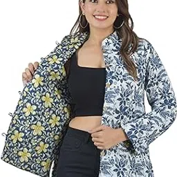 qashida Women’s Cotton Hand Block Printed Quilted Reversible Jacket, Full Sleeves, Stylish & Comfortable, Indigo, Green-picture-45