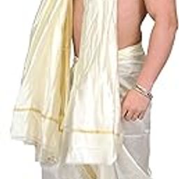 exotic india Cream Dhoti and Angavastram with Golden Woven Border-picture-45