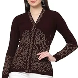 kalt Women Full Sleeves V-Neck Cable Design Floral Print Cardigan Sweater-picture-38