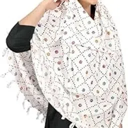 veniza Square Pattern Cotton Scarf with Tassels, White Multicolour Print, Casual Wear-picture-37