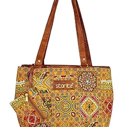 storite Women's Tote Bag With Leather Handles & Embroidery Printed Handbag With Zip Pockets, Shoulder Tote Bag And Handbag For Office And College (25.5x9.5x24cm) Yellow-picture-55