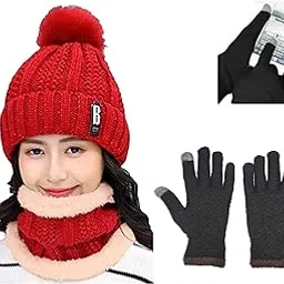 nesvib Women's 3 Winter Products Combo | Snow Proof, Knitted, Inside Fur, Warm Woolen Cap & Neck warmer/Scarf for Winters| Woolen Mobile Touch Gloves-picture-11