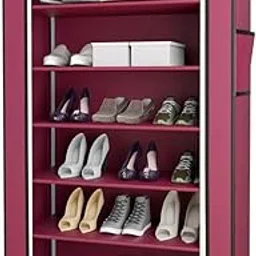 FLIPZON Premium 6-Tiers Shoe Rack/Multipurpose Storage Rack with Dustproof Cover (Iron Pipes, Non Woven Fabric, Plastic Connector) (Maroon)-image-1