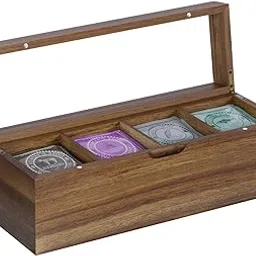 Acacia Wood Tea Bag Organizer, 4 Compartments Tea Box Organizer Storage Box, Teabag Holder Organizers with Clear Acrylic Window, Magnetic Lid and Removable Dividers-image-4