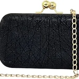Evening Clutch Purse with Detachable Gold Chain, Glitter Texture, Kiss-Lock Closure, Special Occasion-picture-48