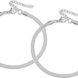 inites (1 Pair Anti-Tarnish Stainless Steel Adjustable Silver Sleek Snake Chain Anklet Pajeb | Stylish Everyday Flat Painjan Payal Footwear Accessory Gift For Women & Girls image 1