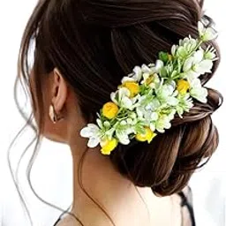 Hair Flare Artificial Flower with leaf Designed with Stones & Pearls Comb Slide/Bridal Hairpin/Side Juda Pin-2444, Yellow-image-0