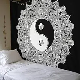 SheetKart Yinyang Wall Hanging Tapestry 144 TC Cotton 1 Single Bedsheet - Black-picture-18