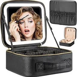 Travel Train Case With Mirror LED Light 3 Adjustable Brightness Cosmetic Bag Portable Storage Partition Waterproof Makeup Brushes Jewelry Gift for Women, Black, Easy to Carry-picture-45