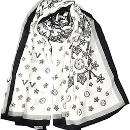 baya Elegant Floral Print Scarf, White with Black Border, Star Pattern Design, Large Size-picture-14