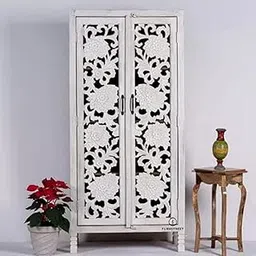 Goldview Furniture Solid Wood Hand-Carved 2-Door Wardrobe | Almirah with Shelf Storage for Bedroom, Living Room & Hotel | White Finish (40D x 92W x 183H CM)-image-22