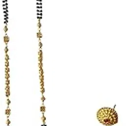 aaiku Traditional Gold Plated Mangalsutra Necklace Set with Black Beads and Studs Earrings, Long Chain with Pendant and Earrings for Women 36 INCH-picture-30