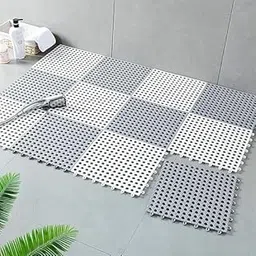 Interlocking Non Slip Drainage Tiles 12 x 12 Inch Soft PVC Waterproof Floor Mat Non Slip Rubber Bath Mat with Drain Holes Column for Bathroom, Kitchen, Shower, Pool,(Grey, White) (PAKC of 30)-picture-68