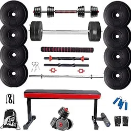 BODYFIT Home Gym Combo Set, Weight Plates, 5Ft Plain Rod, 1 Connector Barbell Rod+ 2 Dumbbell Rods +Dual Leg Extension Flat Bench, Exercise Set, Gym Set System Kit. (20Kg Weight Plates)-picture-25