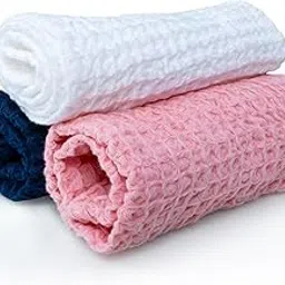 Waffle Weave Face Towels, 100% Cotton, 12 x 12 inches, Pack of 3, White Navy Pink-picture-26
