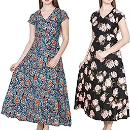 my swag Women's Floral Print V-Neck Maxi Length Dress Combo Pack of 2…-picture-36