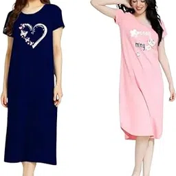 RR Trading Combo Printed Long top Cotton Blend Printed Round Neck Half Sleeve T-Shirts for Women Daily Casual Night Wear| Dress in Knee Length | Long Top | Midi Dress |Pack of 2 | image 1