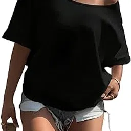 sxv style Women's Off-Shoulder T-Shirt, Short Sleeve, Casual Loose Fit, Black-picture-41