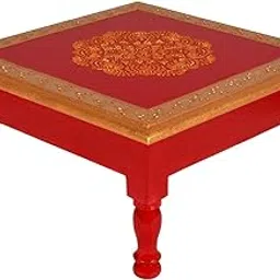 Lalhaveli Red Wood Stool for Pooja Stand Wooden Chowki Stool Footstool Pata 9 x 9 x 6 Inch-picture-49