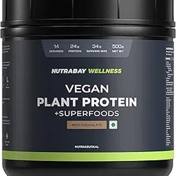 Nutrabay Wellness Vegan Plant Protein Powder + Superfoods 24g Protein per Serving – Complete Amino Acid, Pea & Brown Rice, Sugarfree – 500g, Rich Chocolate | 100% Authentic Clean Protein image 1