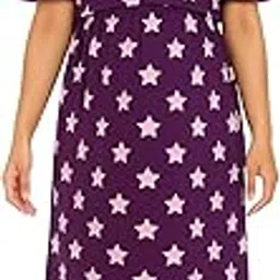 Maternity Midi Dress, Purple with Pink Stars Print, Short Sleeve, Round Neck, Casual Wear, Maternity Feeding Nighty-picture-45
