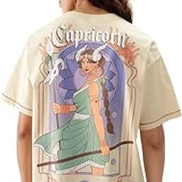 the souled store Zodiac: Capricorn Women and Girls Short Sleeve Round Neck Beige Graphic Printed Cotton Oversized T-Shirts-picture-23