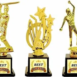 Spellbale Cricket Trophy Set, Best Player, Best Batsman and Best Bowler Awards, 20 cm Golden with Black Base, Pack of 3-picture-46