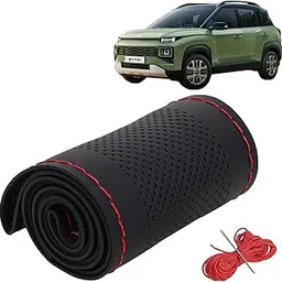 KINGSWAY® PU Leatherite Car Steering Cover Sewable Compatible with Hyundai Exter (Year 2023 Onwards), Black Color with Red Thread, Pack of 1 with Sewing Needle and Thread-picture-21
