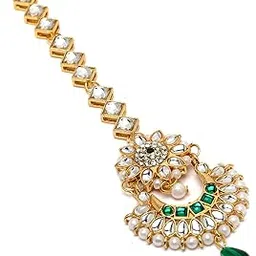 zeneme Gold-Plated Stones & Beads studded-beaded Meenakari Crescent Shaped Maang Tikka-picture-38