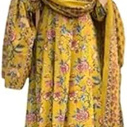Women's Floral Print Anarkali Dress Set with Dupatta, Yellow Cotton Blend, Traditional Indian Style, Ethnic Wear-picture-13