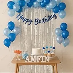 AMFIN (Pack of 34) Backdrop Bliss Birthday Decoration DIY Kit with Balloons, Fringe Curtain and Banner - Light Blue, Silver & Dark Blue-image-59