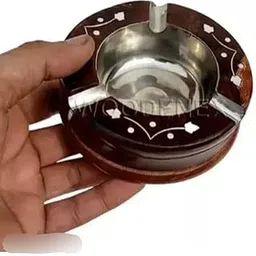 Heaven Craft's Handcrafted Wooden Ashtray with Stainless Steel Insert, Round Shape, Heart Pattern Design, Traditional Style, Brown-image-1