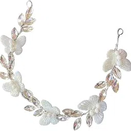 Crystal Pearl Floral Hair Vine, Iridescent White Wedding Hair Accessory, Bridal Headpiece with Rhinestone Leaves-picture-23