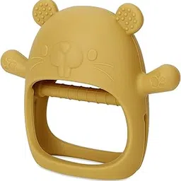 Chick Shape Baby Teething Toys, Never Drop Hand Wrist Teether, Chew Toys for Sucking Needs, Food-Grade Silicone Baby Mitten Teether for Soothing Teething Pain Relief, Easy to Grip (GroundhogYellow)-image-0