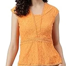 Latin Quarters Women's Papaya Square Neck Cap Sleeve Solid Top-image-3