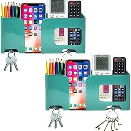 DSNS Wall Mobile Holder Multi-Purpose Phone Stand for Wall Remote Holder & Mobile Charging Stand, Phone Holder Kitchen Organizer Rack Wall Mounted Useful Gadget for Smartphones 2 Pics (Geo-Green)-image-94