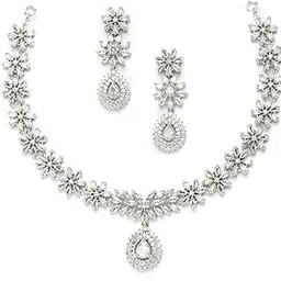zeneme Rhodium-Plated with Silver-Toned Floral Design White American Diamond Studded Jewellery Set-picture-18