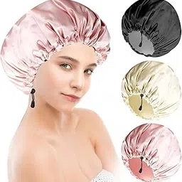 AUM ENTERPRISE Shower Cap For Women Men 3PCS Shower Caps For Women Waterproof Shower Cap, Reusable Shower Cap Long Hair Bonnet Set For Kids With Black Gold Pink Bath Cap. (F- Multi)-picture-24
