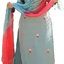 Women's Embroidered Salwar Suit Set, Mint Blue with Coral Dupatta, Traditional Indian Ethnic Wear-picture-14