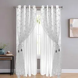 2 In 1 Cotton Floral Embroidery 80% Blackout Window Double Grommet Curtains (Transparent White, 8 Ft) -Pooja Room/Living Room/Dining Hall/Hotel/Bedroom/Kid Room/Kitchen - Set Of 2 Pieces-picture-15