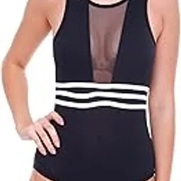 Women's Black Monokini Swimsuit with Mesh Panel, White Stripes, One-Piece Slimming Beachwear-image-47