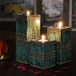 Rustic Wooden Tealight Candle Holder Stand - Set of 3 | Handcrafted Vintage Teal Gold Pillar Candle Holder | Decorative Candle Stand for Home Decor, Table Centerpiece & Housewarming Gift-picture-23