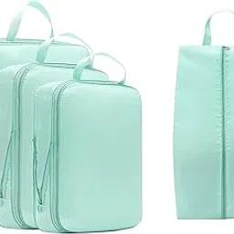 House of Quirk 4-Pack Double Layer Compression Packing Cubes with Shoe Pouch – Travel Luggage Organizer Bags for Suitcases (Blue)-picture-13